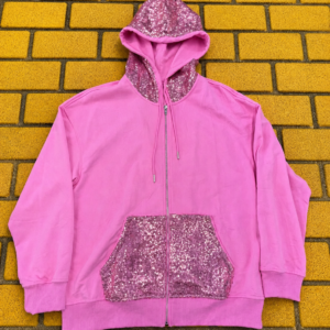 Pink Sequin Trim Zip Hoodie – 100% Cotton Comfort